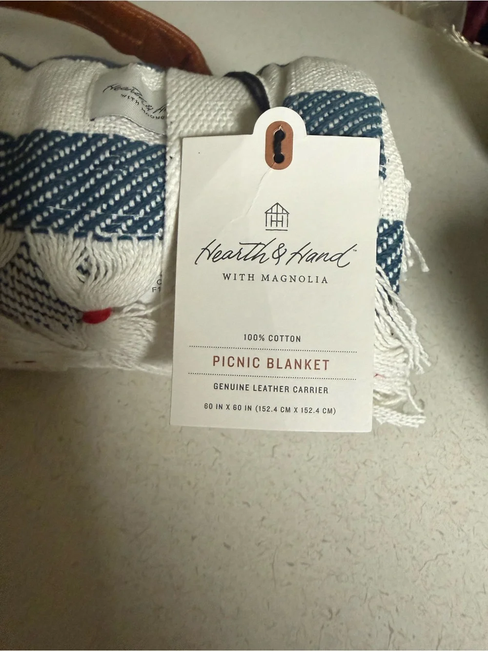Hearth & Hand Navy and White Striped Picnic Blanket with Leather Handle